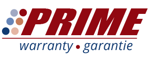 Logo de garantie PRIME en rouge et bleu avec « garantie » en dessous.
