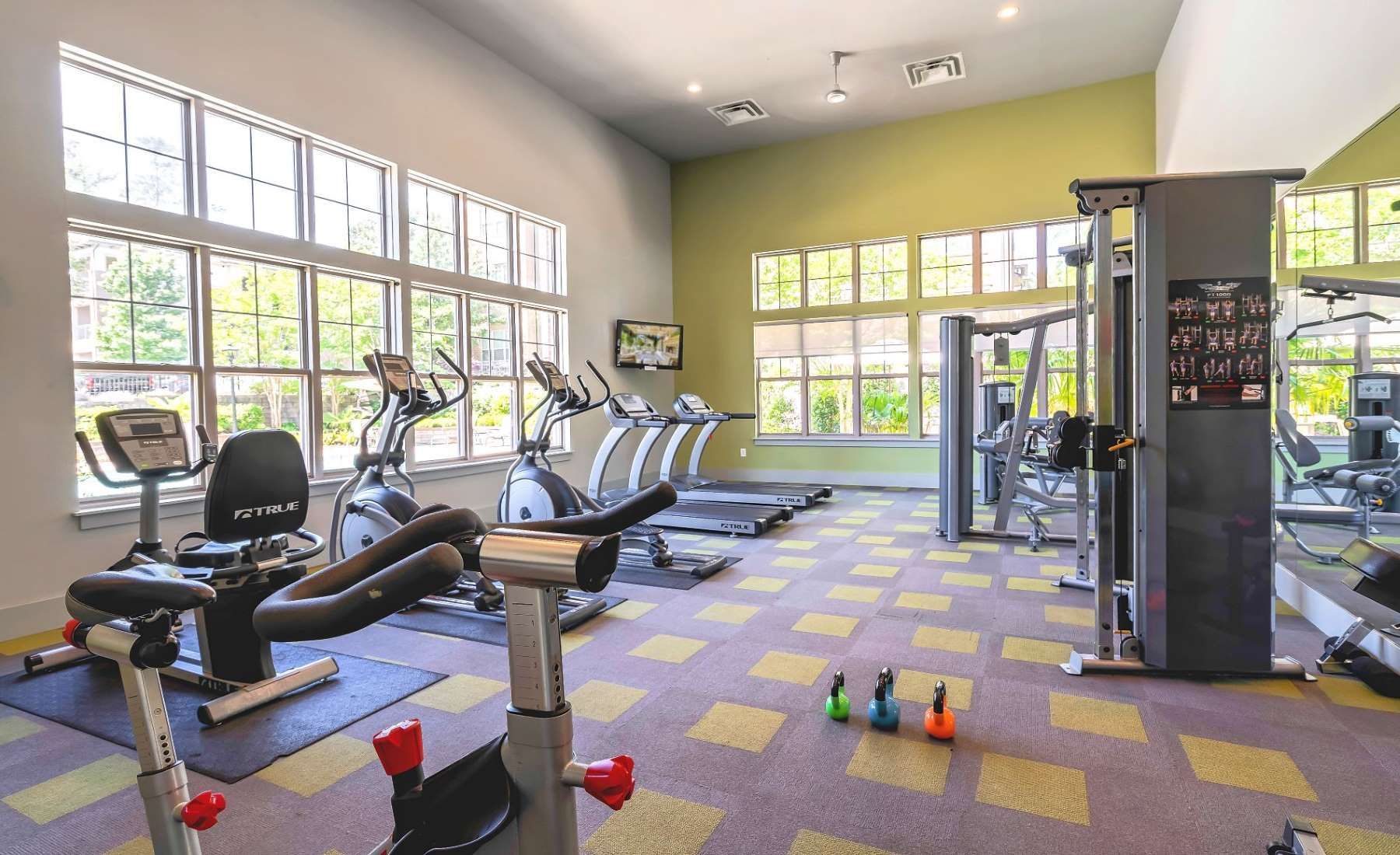 Gym with exercise bikes, weight machines, and dumbbells in a bright room with large windows  at Arcadia's Edge Apartments in Columbia, SC
