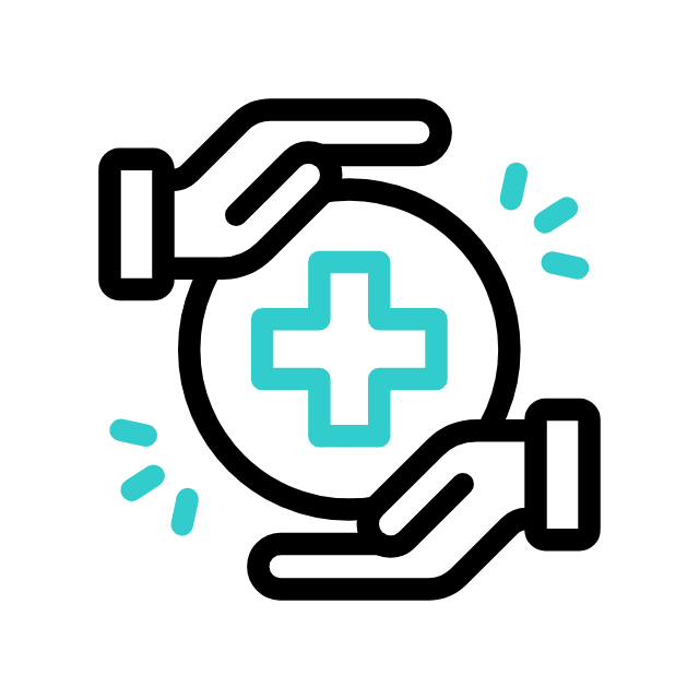 Hands cradling a circle with a teal medical cross, representing healthcare support.