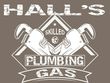 A distressed-style logo for Hall's Skilled Plumbing Gas, featuring two crossed pipe wrenches on a taupe background.