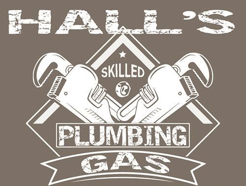 A distressed-style logo for Hall's Skilled Plumbing Gas, featuring two crossed pipe wrenches on a taupe background.