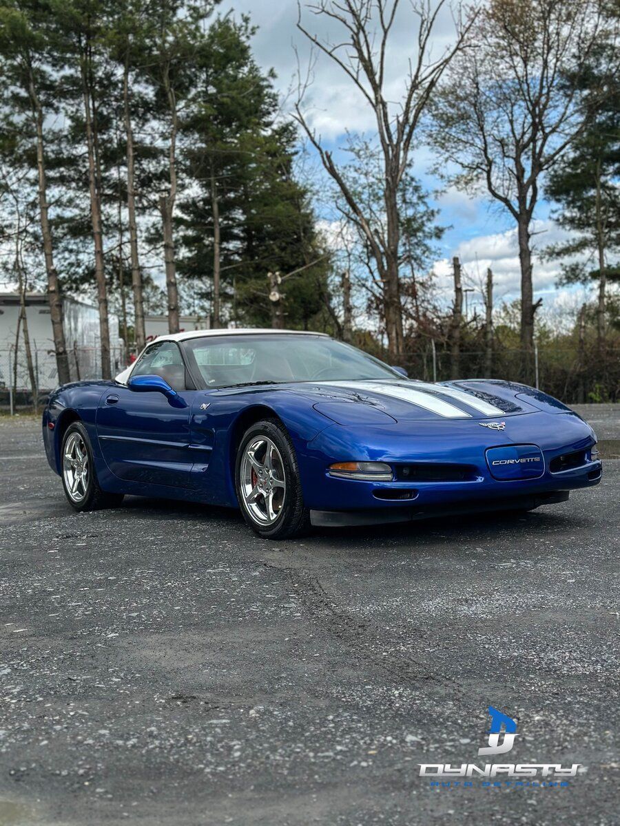 A blue corvette is parked in a parking lot with trees in the background.