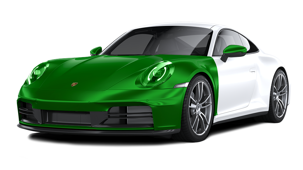 A green and white porsche 911 is shown on a white background.