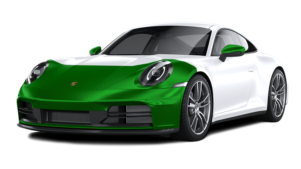 A white porsche 911 with a green paint job on a white background.