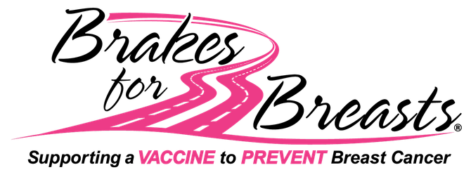 Logo reading “Brakes for Breasts” with a pink ribbon and tagline “Supporting a vaccine to prevent breast cancer”