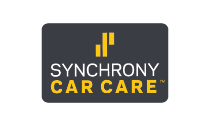 Synchrony Car Care logo with white and yellow text on a dark gray rounded rectangle