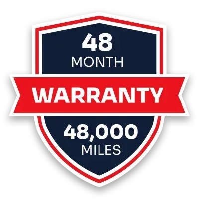 48-month, 48,000-mile warranty badge in red, white, and navy blue