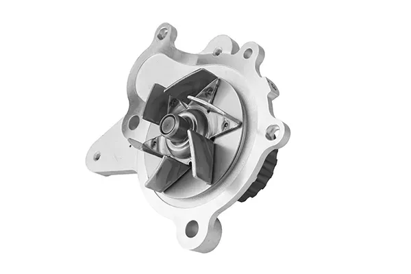 Metal automotive water pump with silver housing and visible impeller on a white background