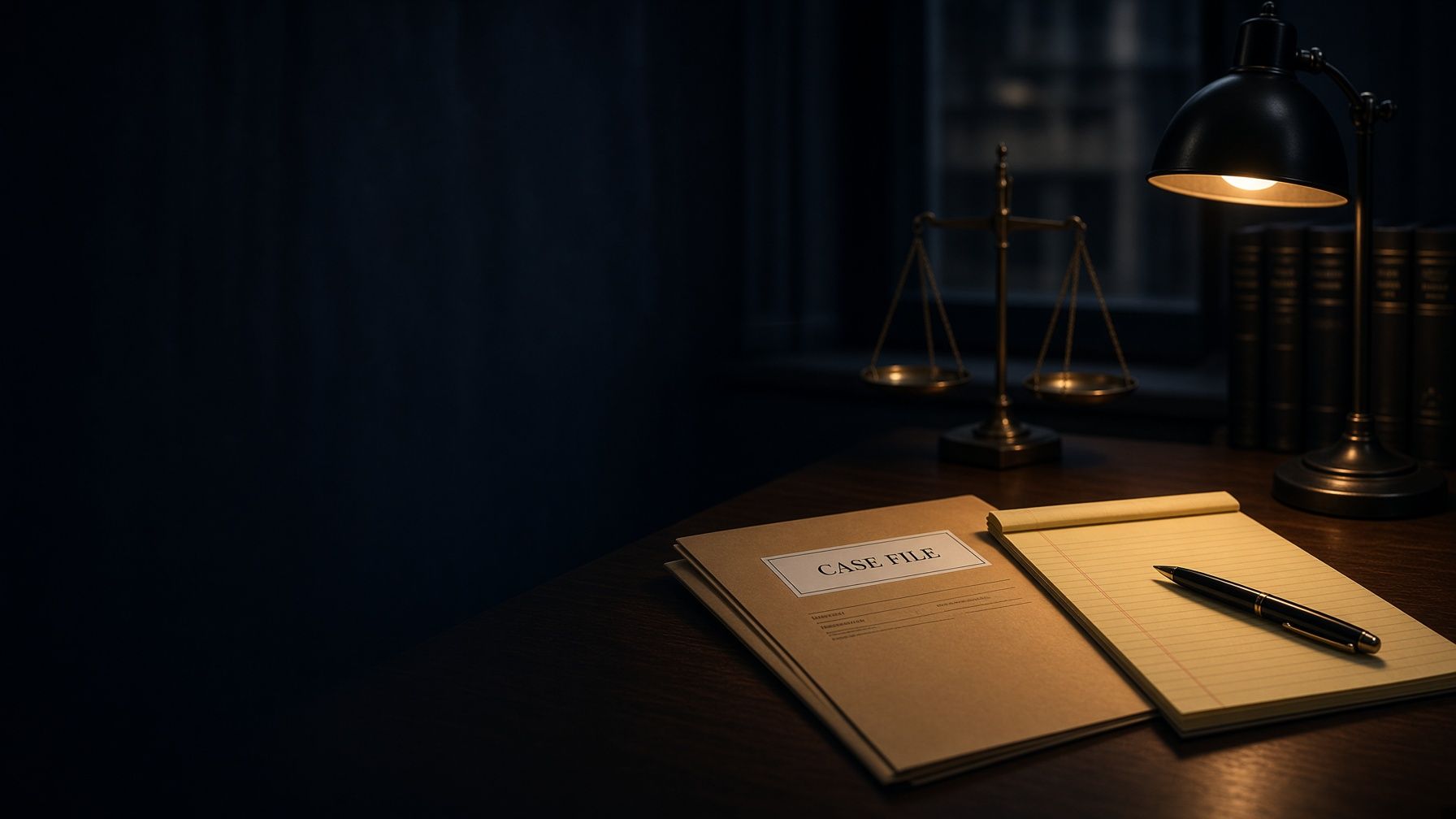 Dim desk with open notebook, pen, and warm lamp light in a dark room