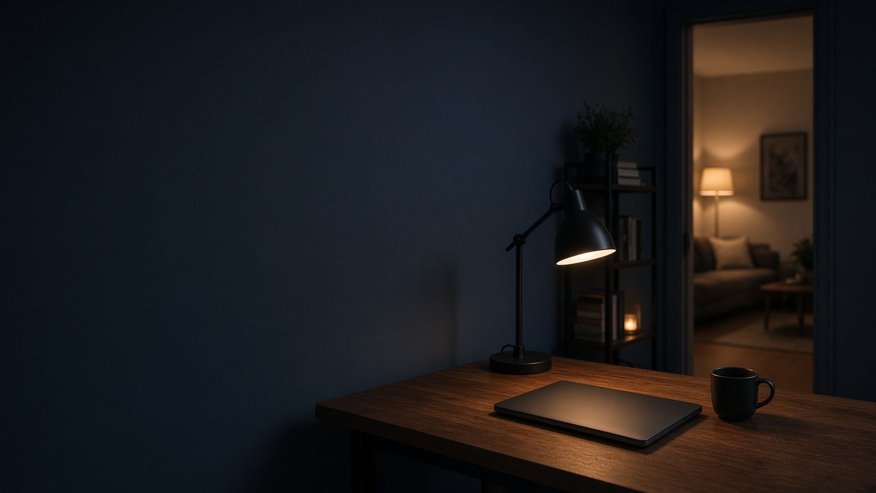 Dim desk with lamp and laptop by a doorway, looking into a softly lit living room