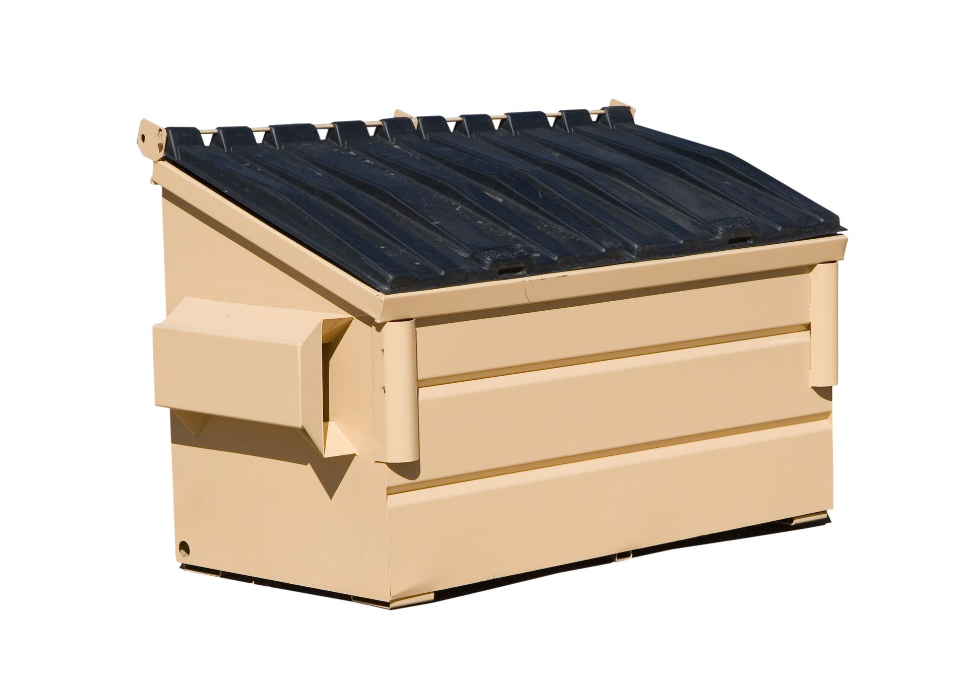 Beige roll-off dumpster with a black lid on a white background, ideal for waste disposal. Roll-off dumpsters Lincoln NE, Roll Offs Lincoln NE. Beige roll-off dumpster with a black lid on a white background, ideal for waste disposal.