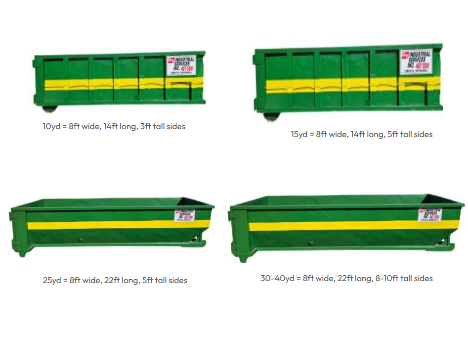 Green metal bins shown in four sizes, with yellow labels, on a white background
