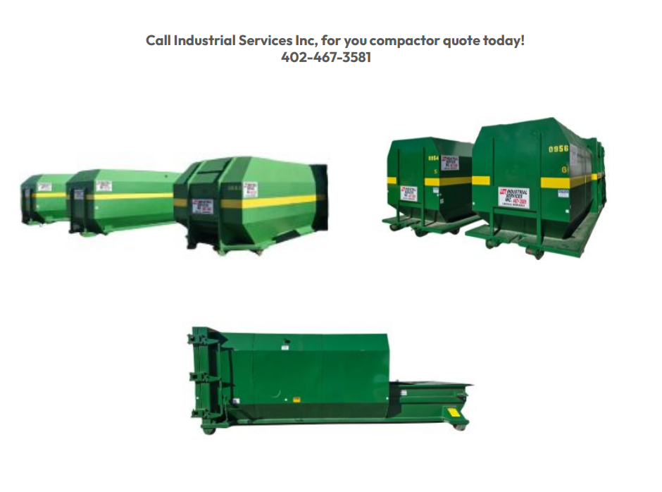 Green industrial baler machines on a white background with company name and phone number above