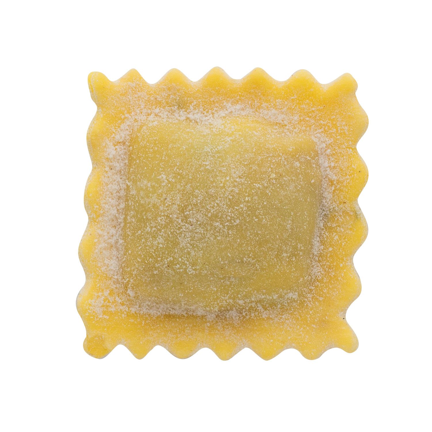 Un primo piano di un raviolo quadrato su uno sfondo bianco