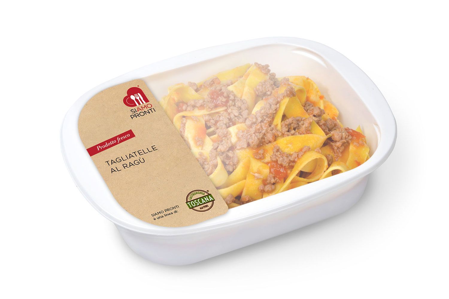 Un contenitore di plastica pieno di pasta e carne su uno sfondo bianco.