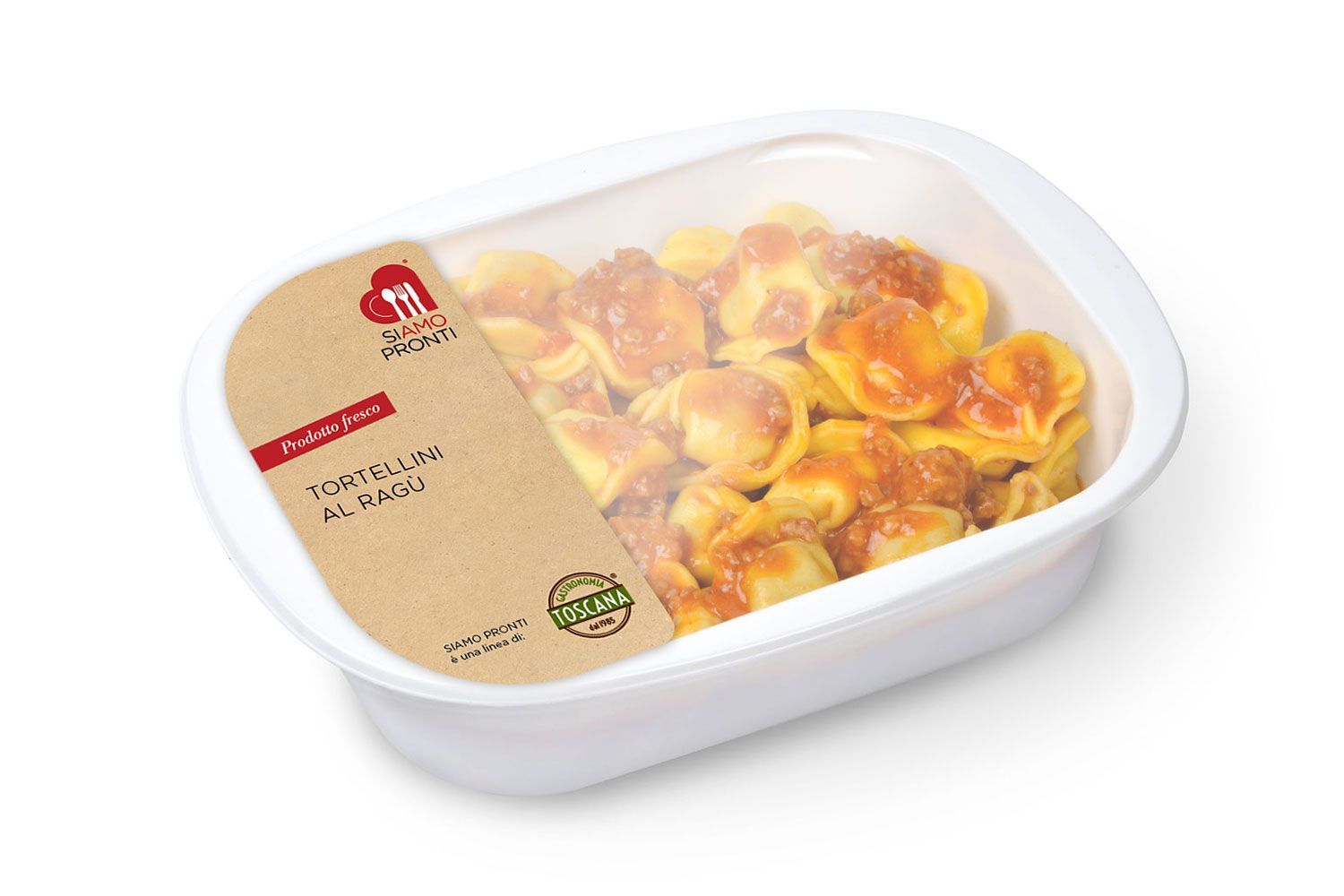 Un contenitore di plastica pieno di pasta e sugo su uno sfondo bianco.