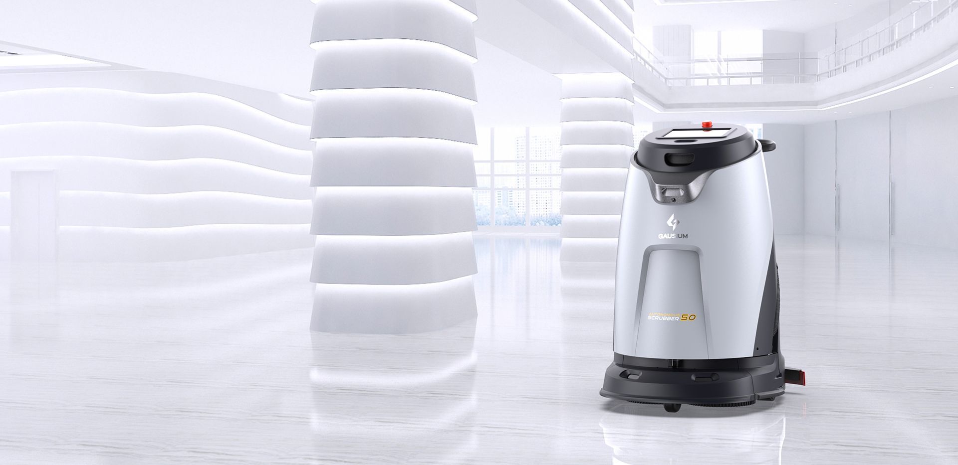 A robotic vacuum cleaner is sitting on a marble floor in a room.