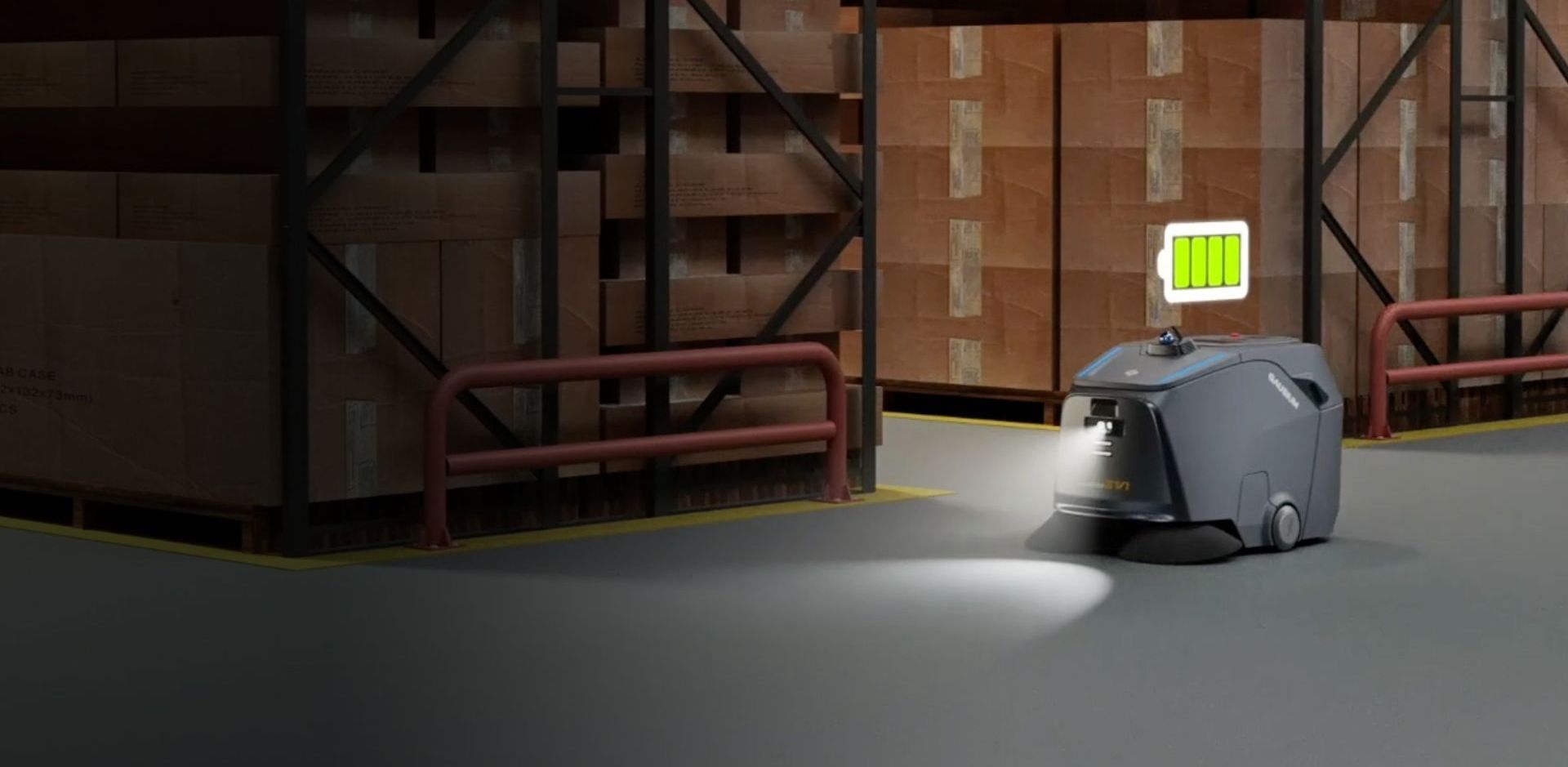 A robot is cleaning a tiled floor in a living room.