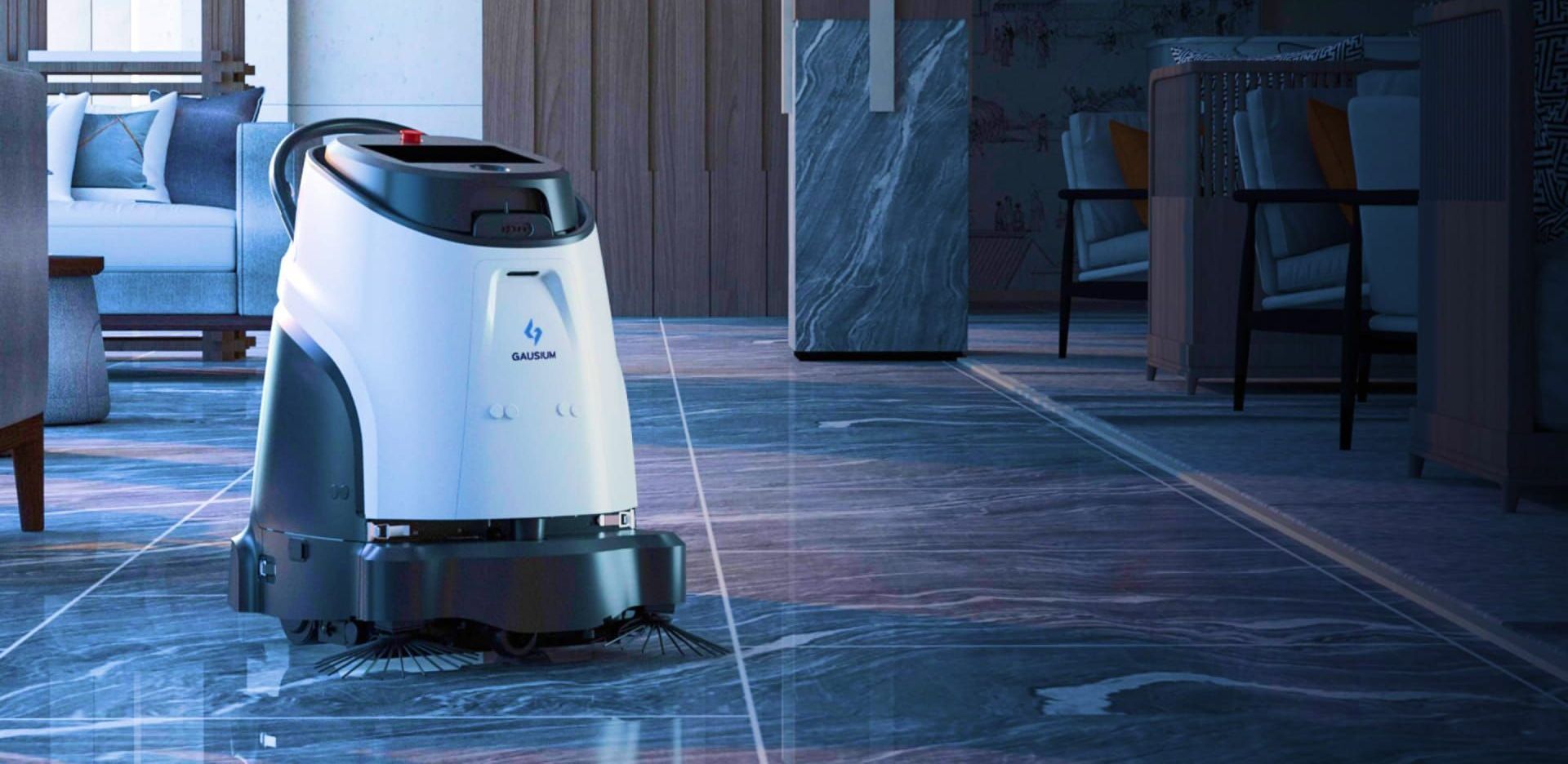 A robot is cleaning a tiled floor in a living room.