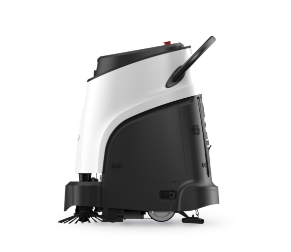 A black and white cleaning machine with a handle on a white background.