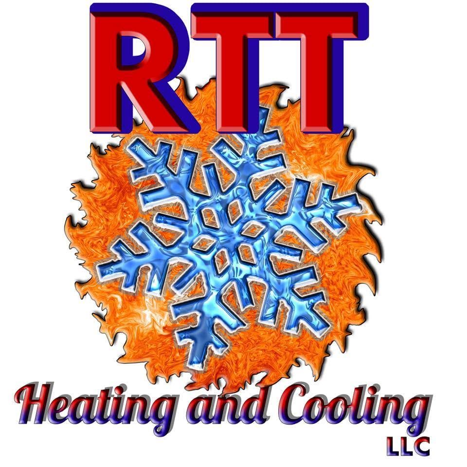 Logo for RTT Heating & Cooling: snowflake over orange shape, red text 