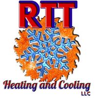Logo for RTT Heating & Cooling: snowflake over orange shape, red text