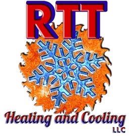 Logo for RTT Heating & Cooling: snowflake over orange shape, red text