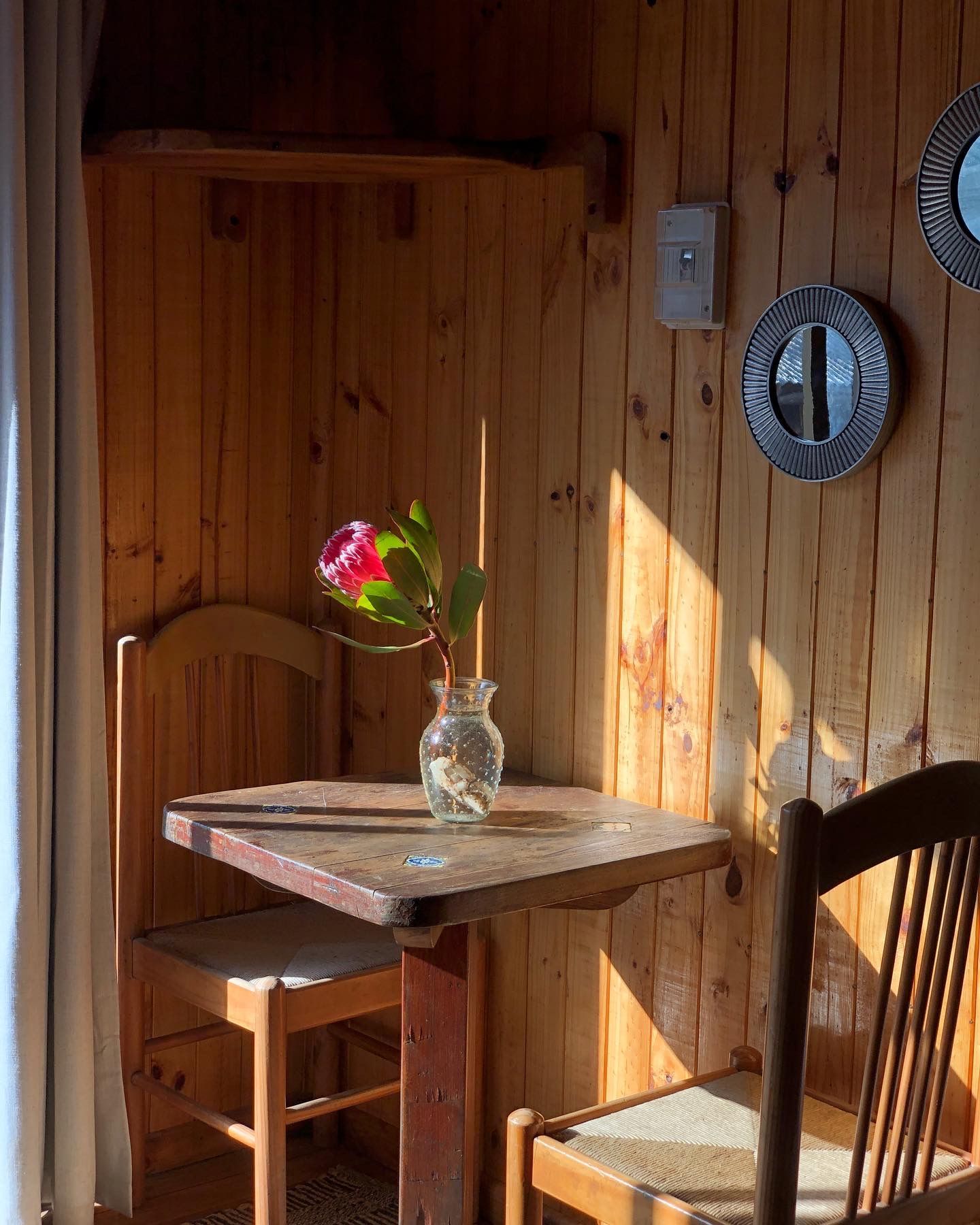 Acogedor interior de madera con una pequeña mesa, sillas y jarrón con flores, iluminado por la luz del sol.