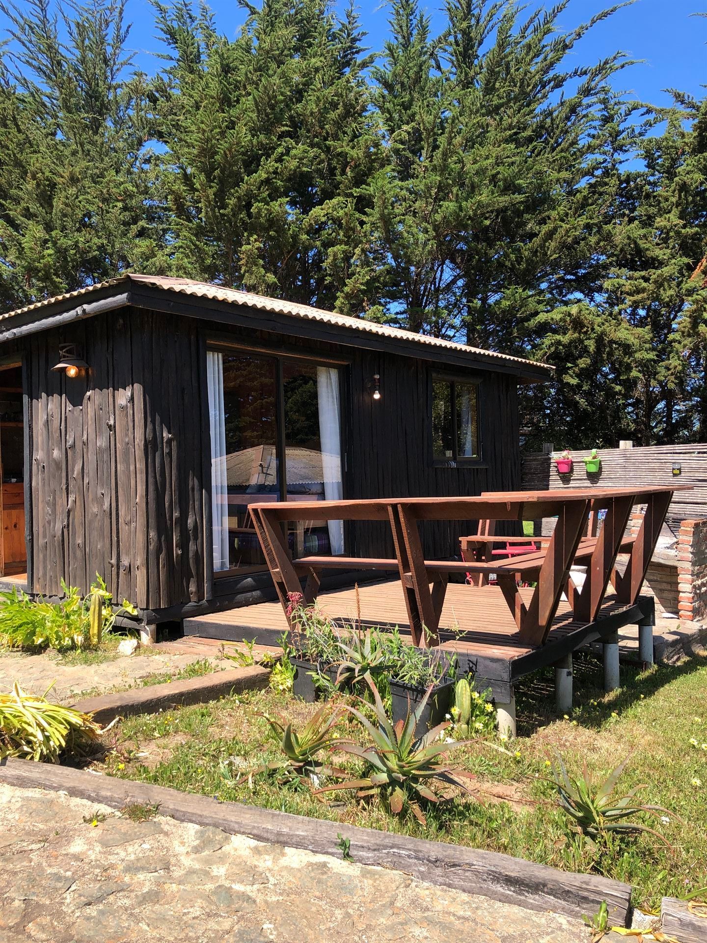 Cabaña de madera negra con terraza, rodeada de vegetación y árboles. Cielo azul.