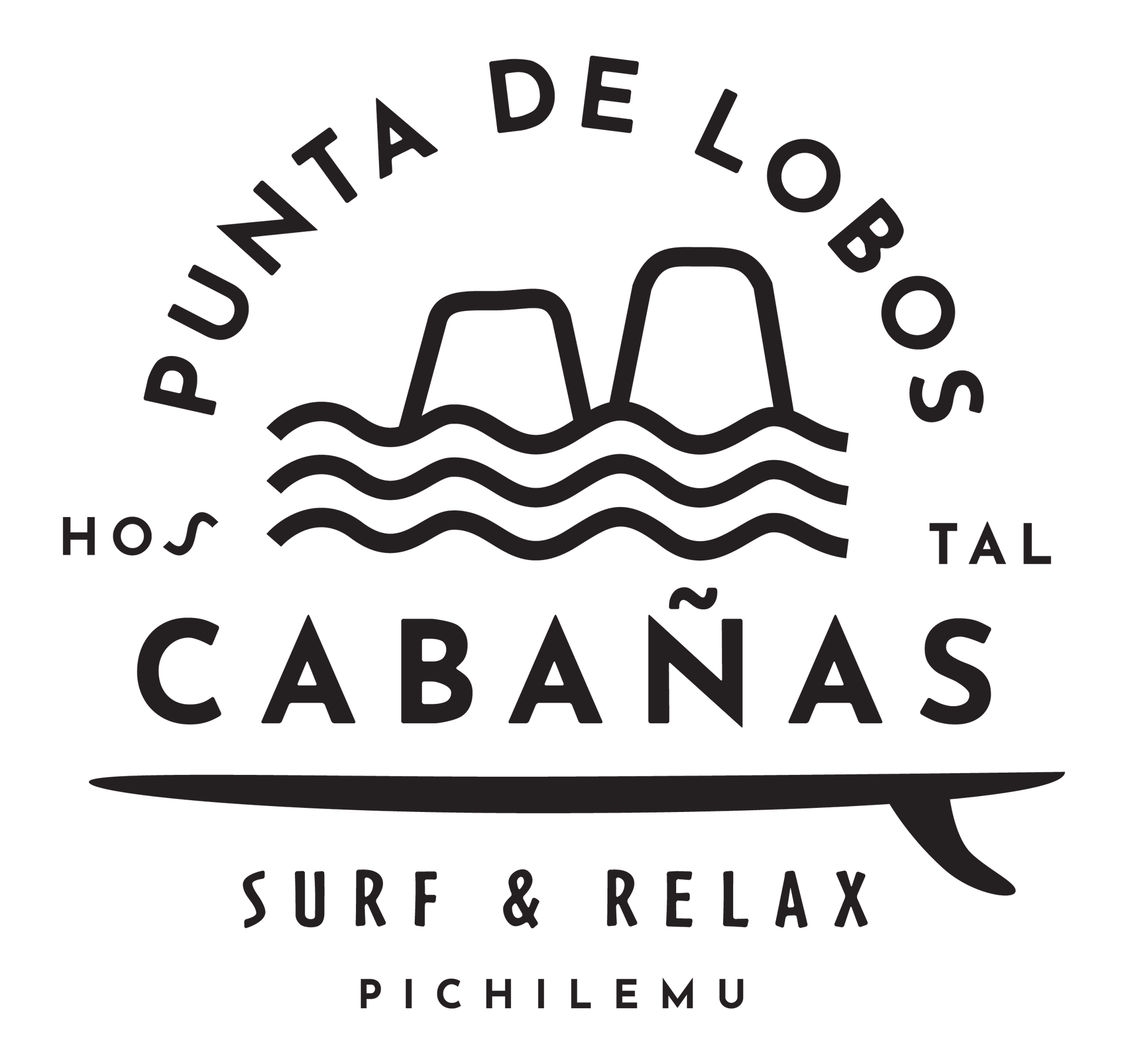 Logo for Punta de Lobos Cabañas with surf board and text