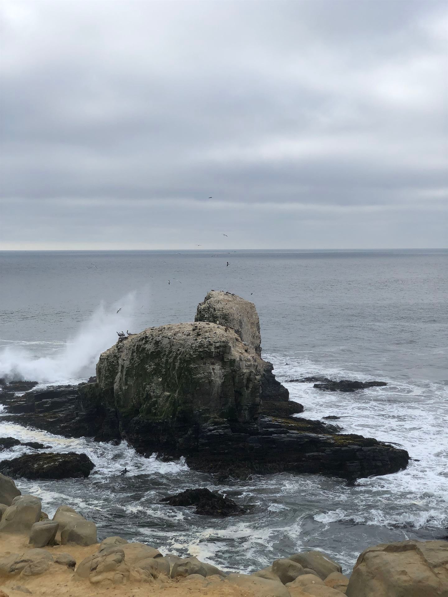 Afloramiento rocoso en el océano, con olas rompiendo contra él bajo un cielo nublado.