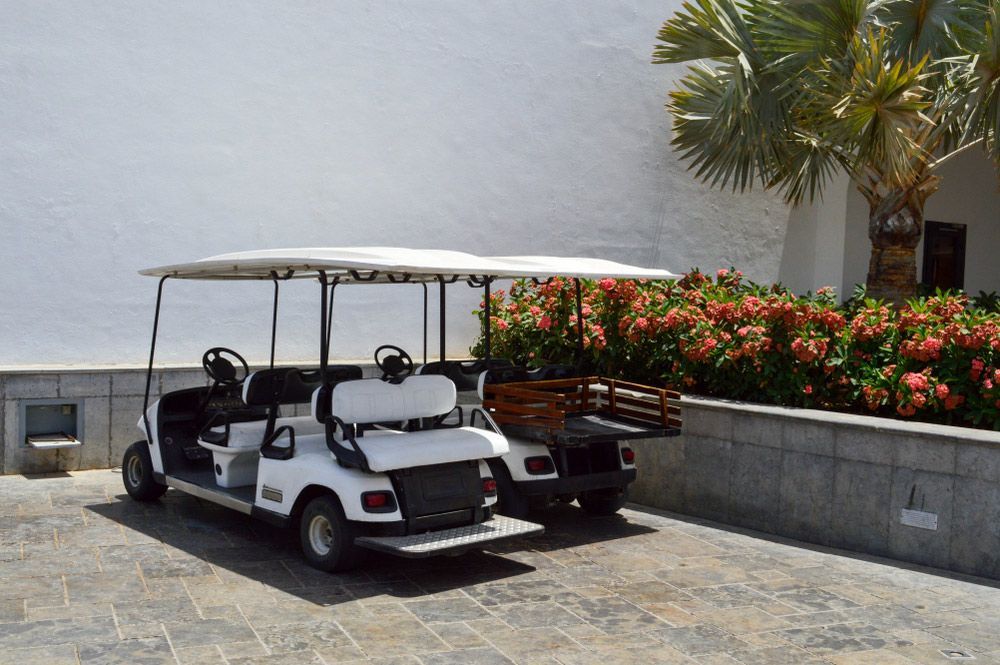 Two Golf Carts Are Parked Next to Each Other in A Parking Lot — Genesis Automotive Services in Lavington, NSW