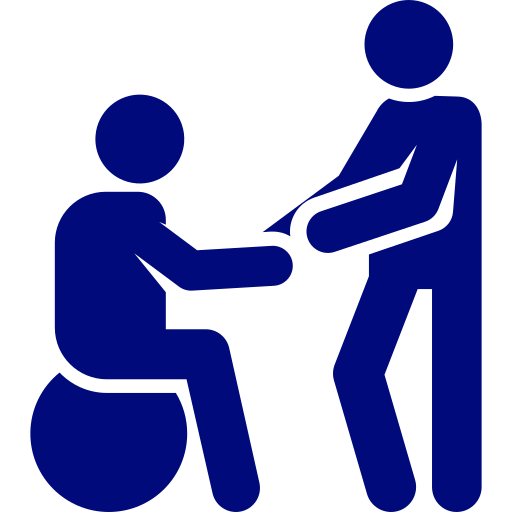 Blue icon of a person helping a seated wheelchair user by the hand