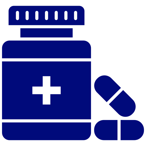 Blue medicine bottle with white cross and two pills on a white background