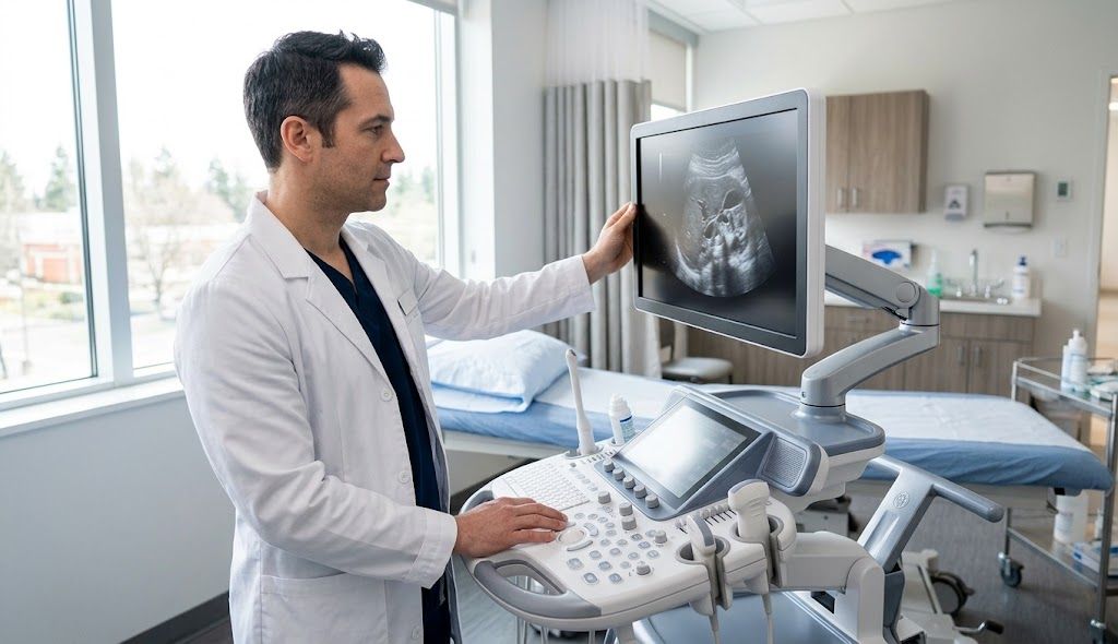A male doctor in a white lab coat and dark scrubs stands in a brightly lit medical examination room