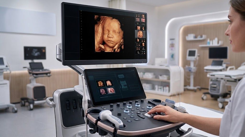 A healthcare professional, in profile, wearing a white coat, operates the complex control panel.