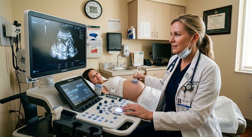 OB/GYN clinician performs a prenatal ultrasound on a pregnant patient while a fetal image appears on