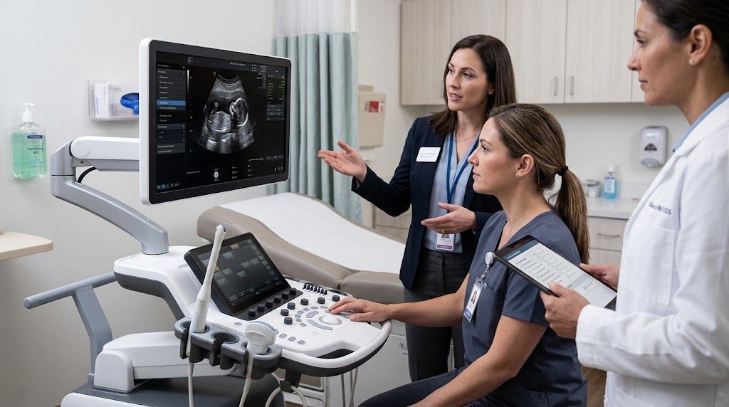 A medical professional in blue scrubs evaluates an OB/GYN ultrasound machine in a bright clinic
