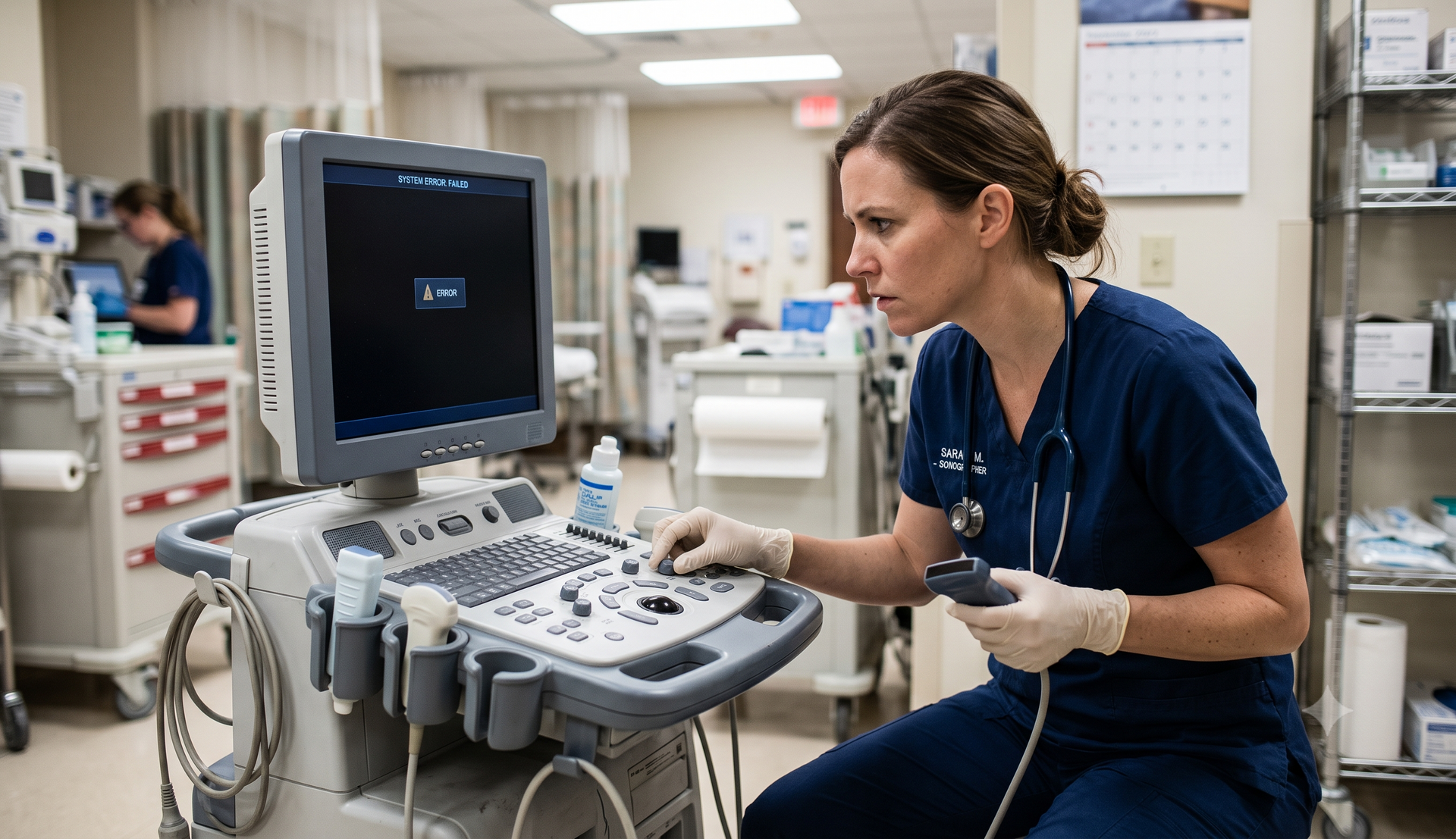 Sonographer troubleshooting an ultrasound system displaying an error message in a clinical imaging