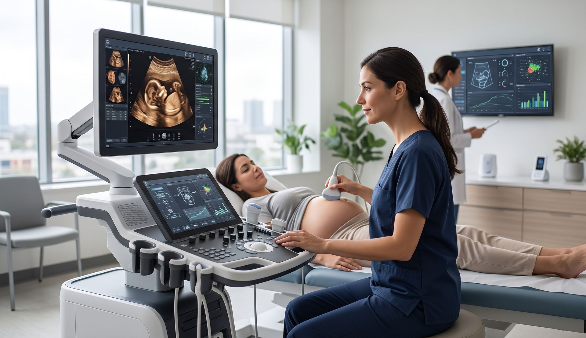 A female sonographer performs an ultrasound on a pregnant patient using an advanced ultrasound