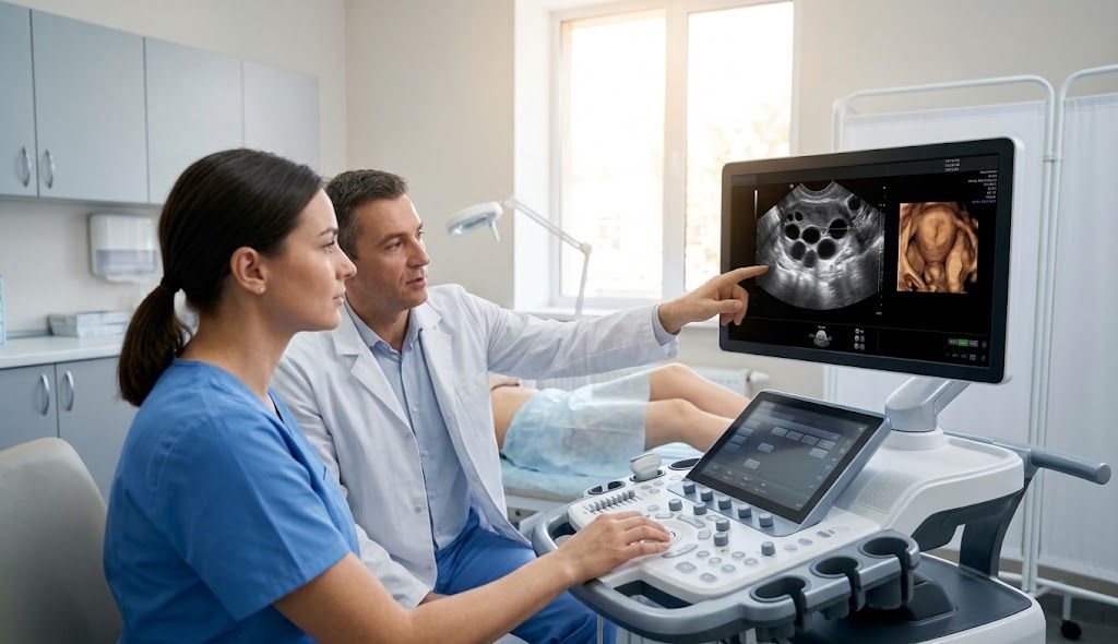 A fertility specialist and clinician reviewing ovarian follicle monitoring and 3D pelvic ultrasound