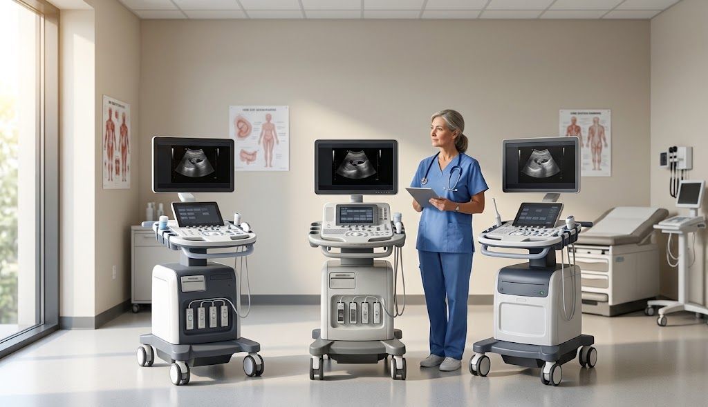 A female medical professional in blue scrubs holding a tablet stands in a brightly lit clinic room