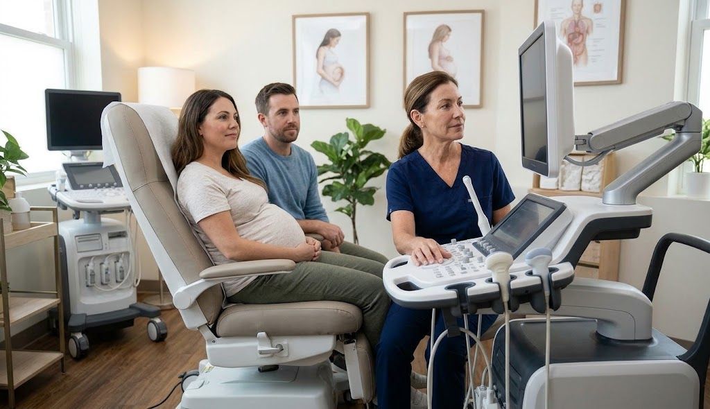 A sonographer in blue scrubs operates a modern ultrasound console facing an elevated display monitor