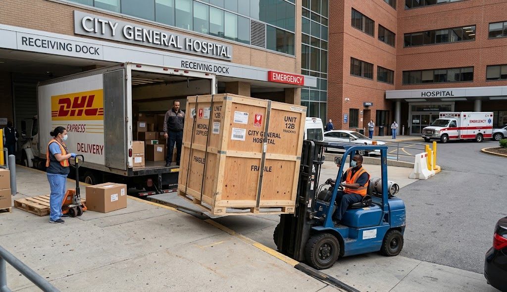 A forklift operator in safety gear lifts a large wooden shipping crate marked
