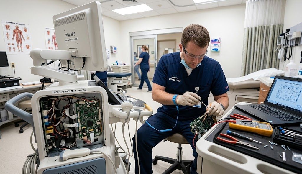 A biomedical technician wearing scrubs and safety glasses performs maintenance