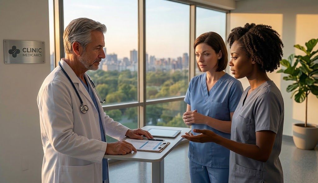 Three healthcare professionals review documents and discuss clinical planning together.