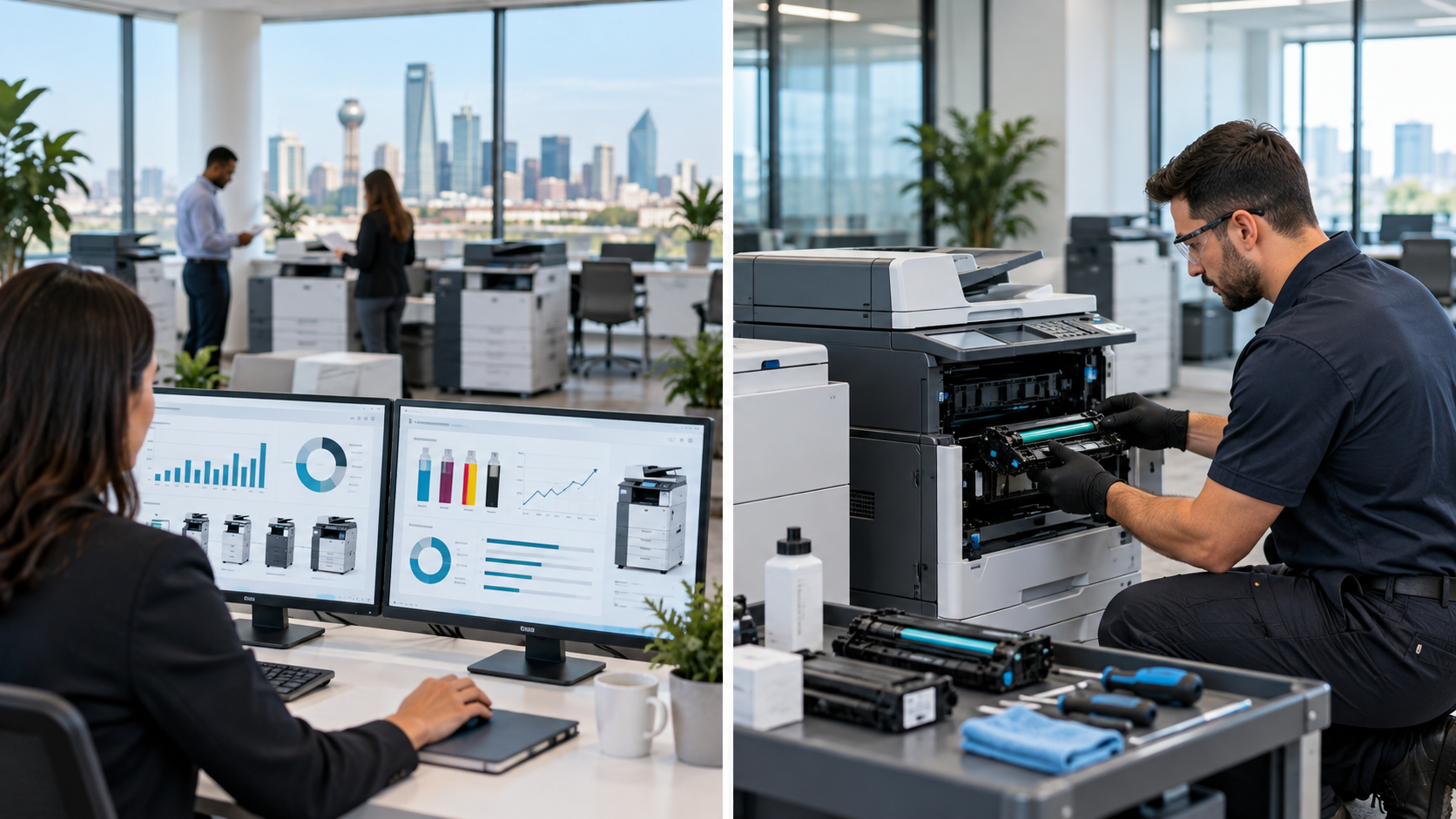 Side-by-side comparison of managed print planning versus a maintenance agreement for an office fleet