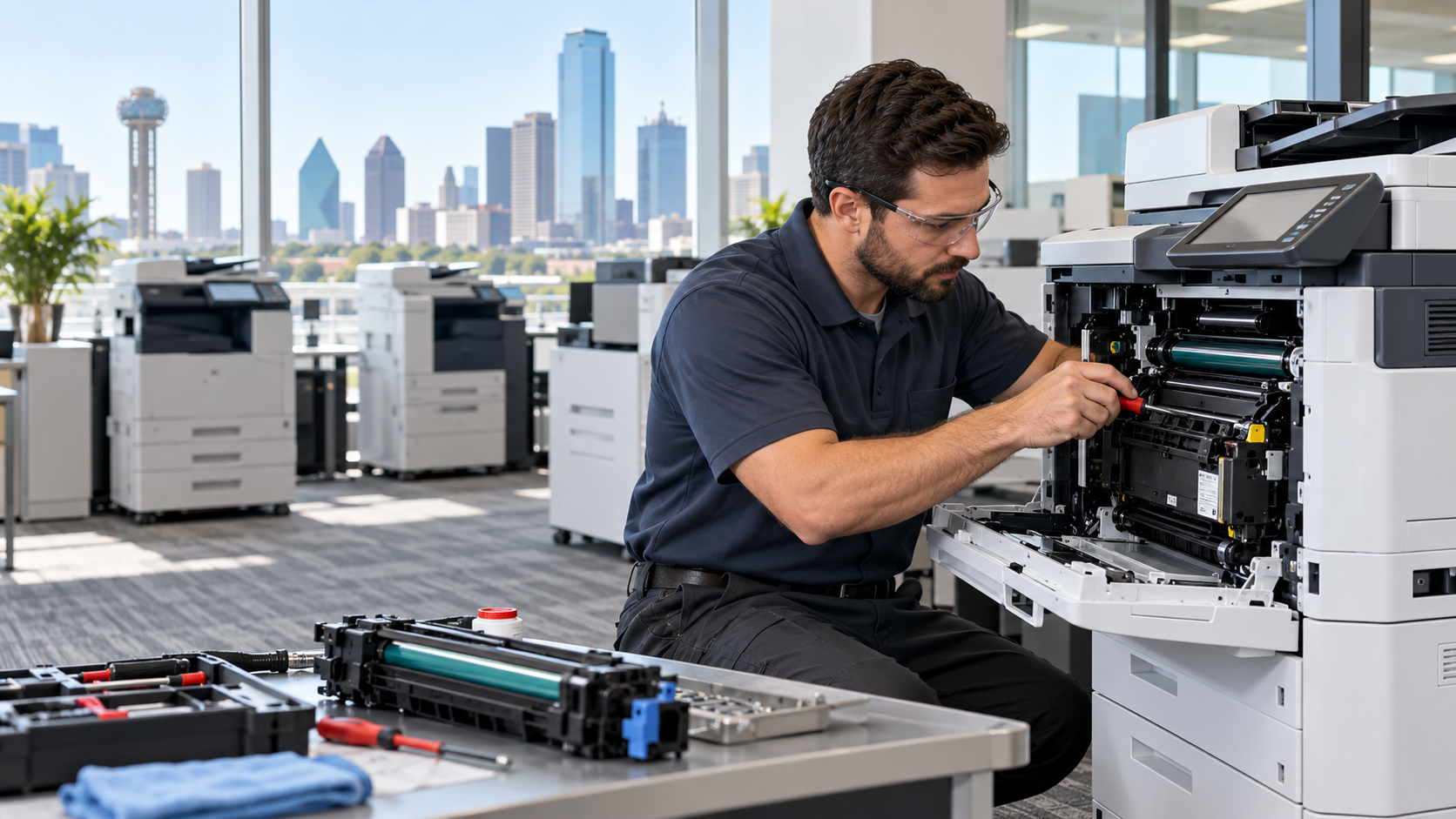 Technician performing on-site commercial copier repair in a Dallas–Fort Worth office