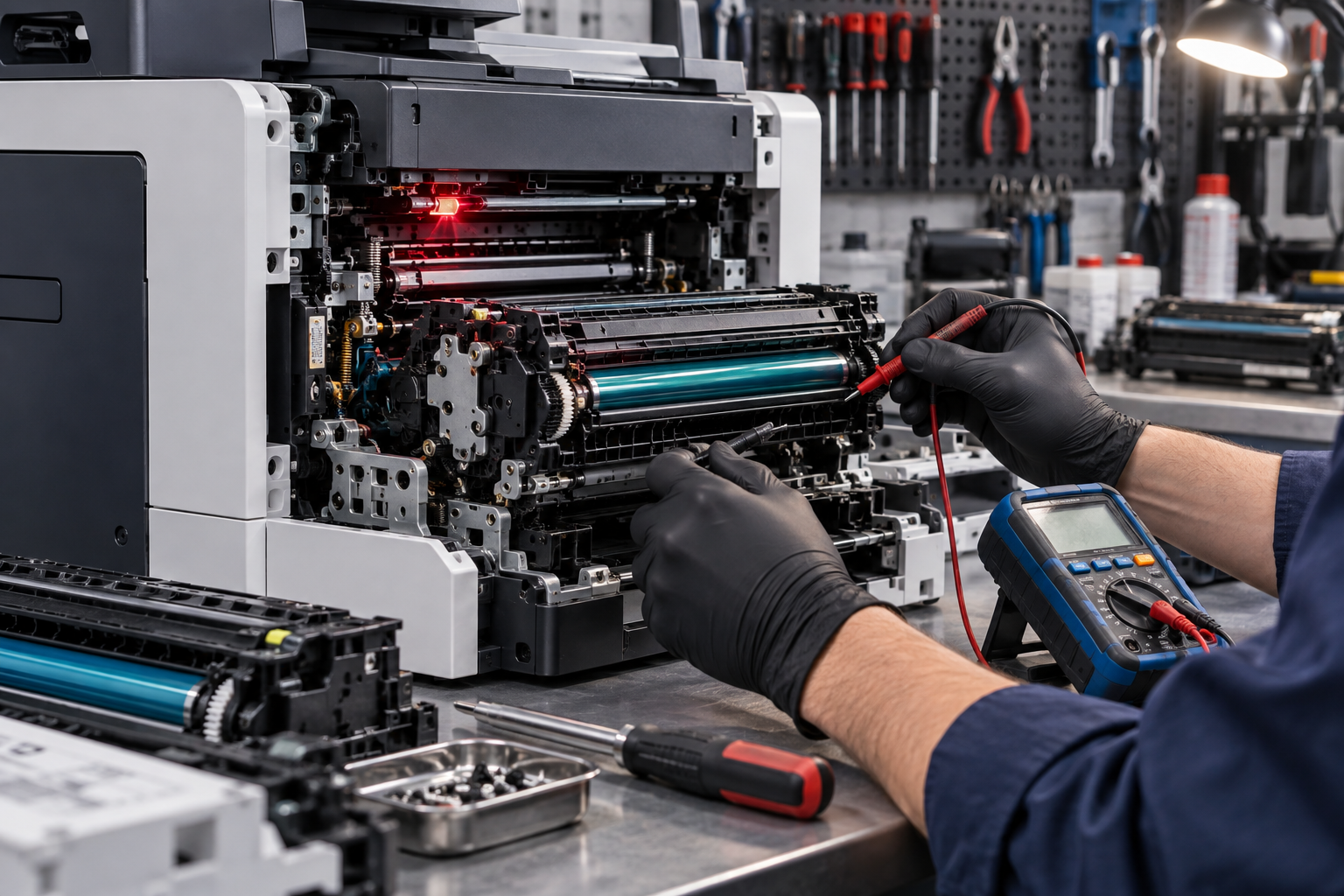 Technician diagnosing an emergency commercial laser printer repair on a service bench