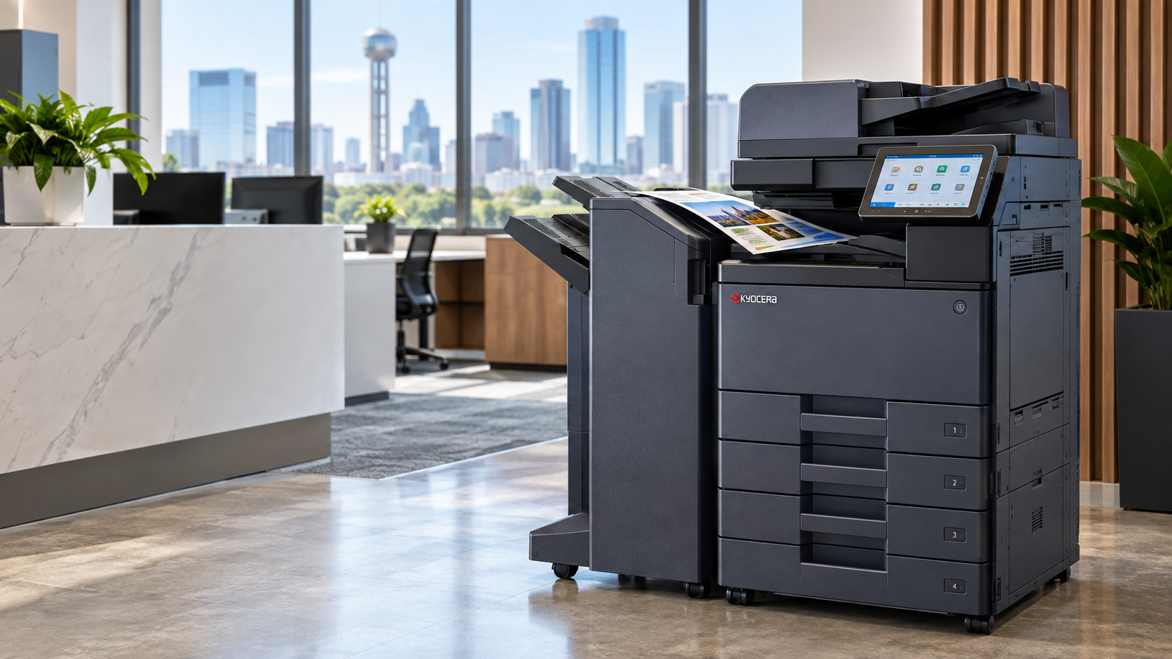 Kyocera TASKalfa-style commercial copier printing documents in a Dallas–Fort Worth office
